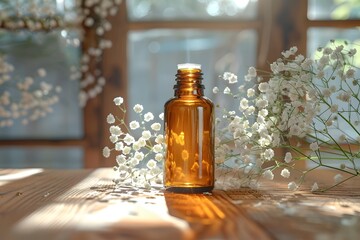 A bottle of essential oil surrounded by flowers on a table