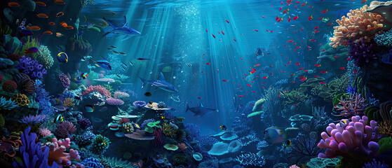  blue underwater scenery, very beautiful, lots of ornamental fish, with coral reefs,  Generate AI