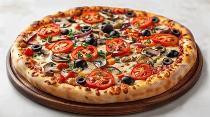 Delicious vegetarian pizza with tomatoes, mushrooms, mozzarella, peppers and olives. Generative AI.
