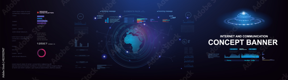 Wall mural concept banner with hud elements. planet earth on futuristic cyber background. process of exchanging