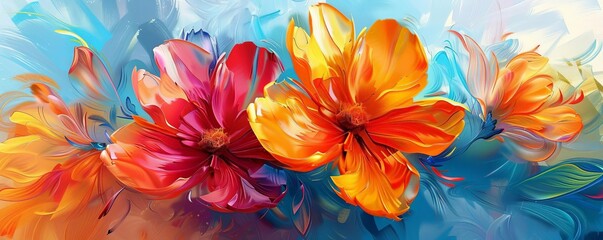 A colorful floral composition set in an abstract oilpainted background, where delicate petals and bold brushstrokes intertwine, creating a vibrant and modern artistic expression