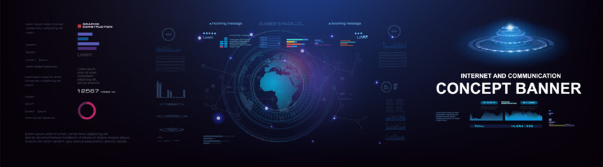 Concept banner with HUD elements. Planet earth on futuristic cyber background. Process of exchanging information and data through the global Internet. Advanced internet technologies and communications