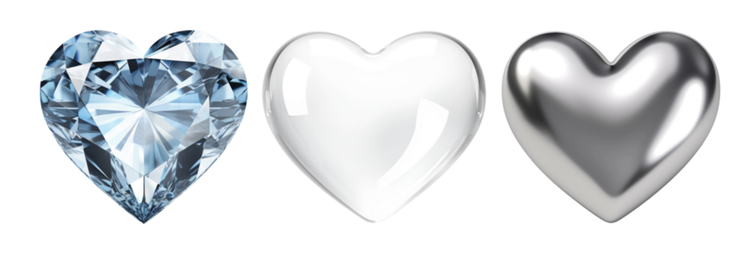 3d hearts png element set on transparent background