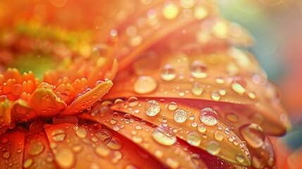 Fototapeta premium Water droplets cling to the petals of a vibrant orange marigold in stunning 