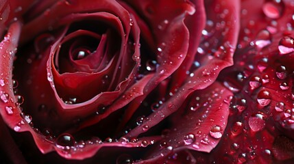 Water droplets glisten on the surface of a red rose in breathtaking detail.