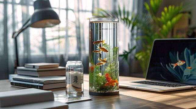 Elegant Desk Arrangement Highlighting a Minimalist Aquatic Theme with Laptop - Perfect for a Modern, Serene, and Productive Workspace Environment.