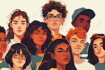 illustration of a group of diverse young people, diversity, inclusion, LGBTQ , non-binary 

