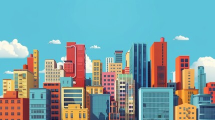Obraz premium A beautiful cityscape with tall buildings in various colors reaching towards the sky.
