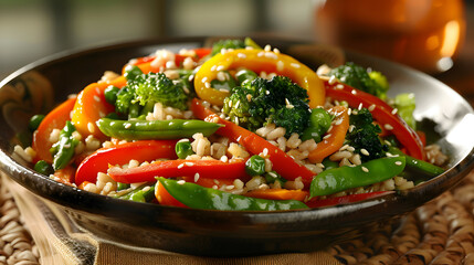 Brown rice with different stir-fry vegetable, bell peppers, broccoli, snap peas, and carrots. Healthy dish options