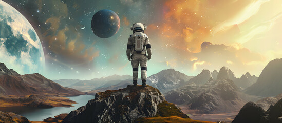 astronaut standding on the top of the hill looking to surreal alien landscape with planets and stars