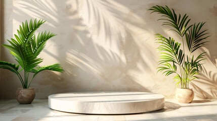 Modern pedestal with palm leaves and white backdrop, great for product showcasing and mockups