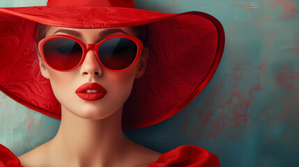 Luxurious girl wearing a red hat and sunglasses on an isolated background