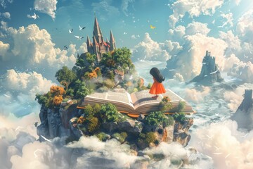 A fantasy art concept featuring a book of imagination and a girl, representing themes of education, child dreams, inspiration, creativity, adventure, and learning, conceptualized in a 3D illustration.