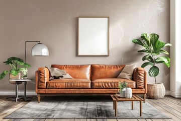 An antique modern living room with light-colored walls, a grey wooden floor, a brown leather sofa, a lamp, and a green plant, including an interior mock-up of a poster generated by AI.