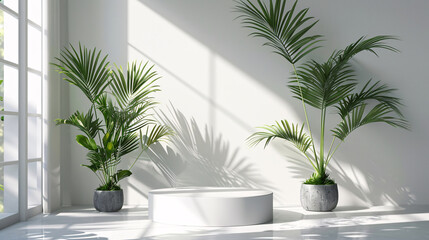 Modern pedestal with palm leaves and white backdrop, great for product showcasing and mockups