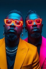 AI generated illustration of two fashionable men in yellow and pink blazers and neon glasses
