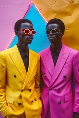 AI generated illustration of two fashionable men standing against a background with neon accents.