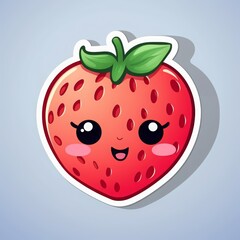 Obraz premium Cute kawaii strawberry character illustration with a happy face, perfect for kids' designs and fruity themes on a light background.