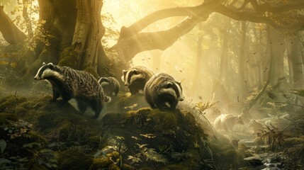 Badgers in a Foggy Forest