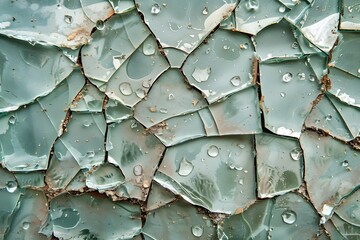 Close up of cracked green paint with water droplets