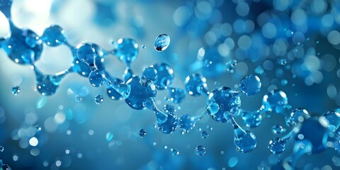Blue molecular structure with water drop and DNA model on a serum background. Concept Science, Chemistry, Biology, Molecular Structure, DNA Model, Water Drop, Serum Background
