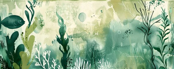 A greeting card illustration in olive watercolor, featuring hand-drawn underwater elements, creating an artistic and modern marine design suitable for various printing and design applications.