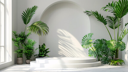 Modern podium with palm leaves and a white backdrop, great for beauty and cosmetic showcases