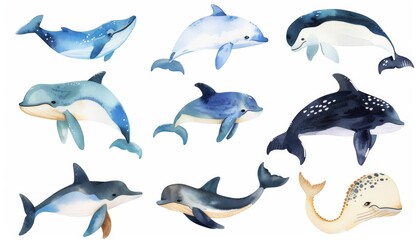 Obraz premium A watercolor collection of cute animals and sea creatures, designed as artistic illustrations for childrenâ€™s books, decor, and educational materials.