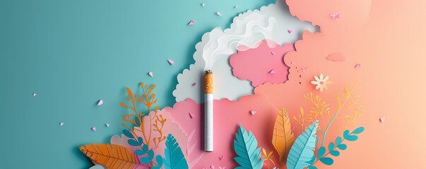 An illustration in paper art style, depicting the concept of a no smoking day world with digital craft elements, promoting health and wellness.
