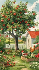 Obraz premium A summer farm scene illustration featuring an apple tree, swings, chicken coop, garden beds, strawberries, and tomatoes, capturing the essence of rural life.