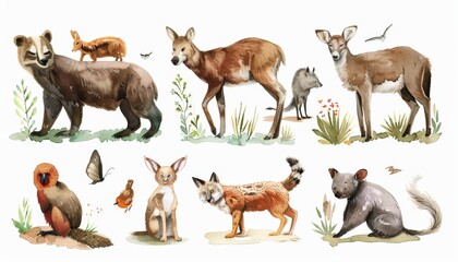 An adorable collection of watercolor animals, featuring creatures from the forest, farm, jungle, and desert, perfect for childrenâ€™s book illustrations and educational materials.