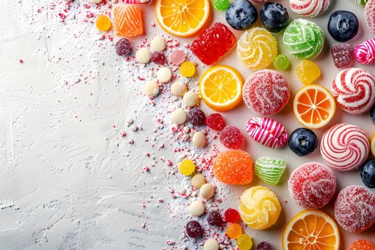 A close up of a variety of candies and candy on a table