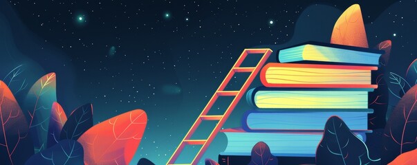 A modern illustration showing a ladder leading to a book against a dark night background, symbolizing levels and progression in e-learning and e-books, capturing the essence of educational