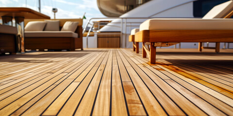 Wooden Deck on a Yacht with Sun Loungers. Relaxing Seaside.