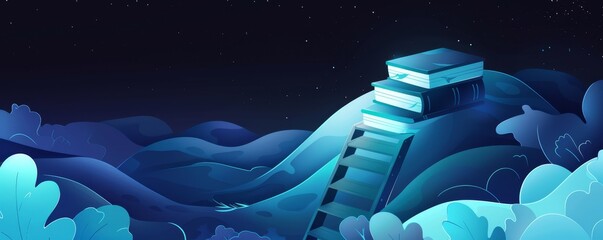 A modern illustration showing a ladder leading to a book against a dark night background, symbolizing levels and progression in e-learning and e-books, capturing the essence of educational