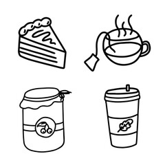 Hand-Drawn Food and Drink Doodles Featuring Coffee, Tea, Jam, and Slice of Pie