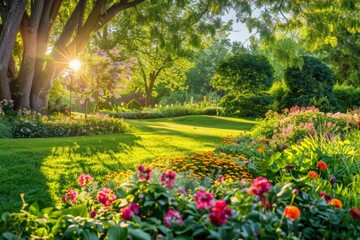 Obraz premium Sunlit Garden with Blooming Flowers