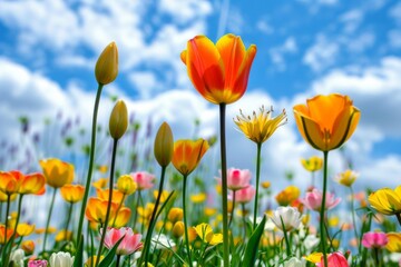 Naklejka premium Vibrant Tulips Blooming Under Sunny Sky