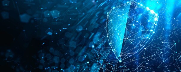 A conceptual illustration of a futuristic blue guard shield, representing protection, cyber security, and insurance. It features a low-poly graphic style with a geometric background and wireframe