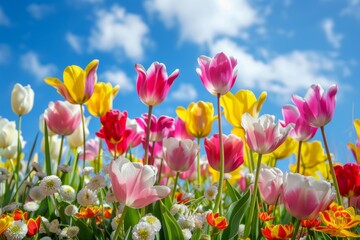 Vibrant Tulips Blooming Under Sunny Sky