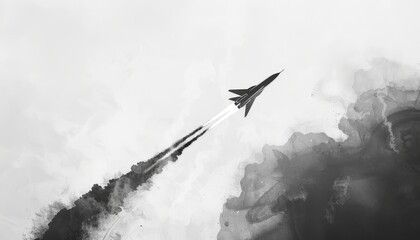 A modern illustration of a jet trailing smoke, depicting condensate trails from an aircraft. This smoky effect represents the aftermath of a rocket launch or the trail of fog created by the jet.