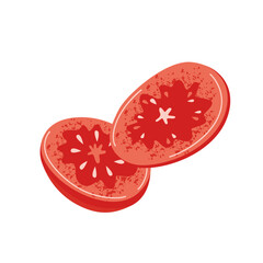 Circle slices of ripe red tomato. Fresh vegetable from farm, garden food, vegetarian ingredient for cooking. Natural, organic source of vitamins. Flat isolated vector illustration on white background