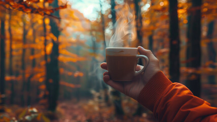 A cozy image featuring a hand holding a steaming cup of coffee, set against the vibrant backdrop of an autumn forest. The photo invokes warm feelings associated with sipping hot drinks on cool fall d