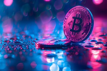 A close up of a bitcoin sitting on a wet surface