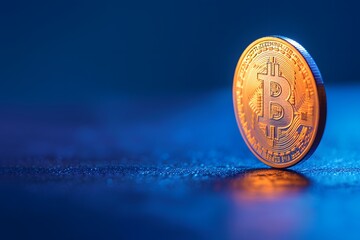 A close up of a bit coin on a blue surface