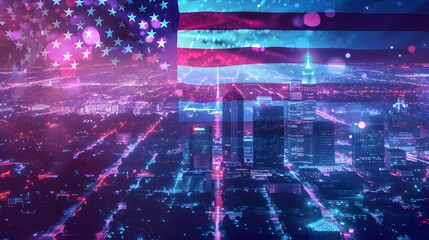 USA flag with night city background