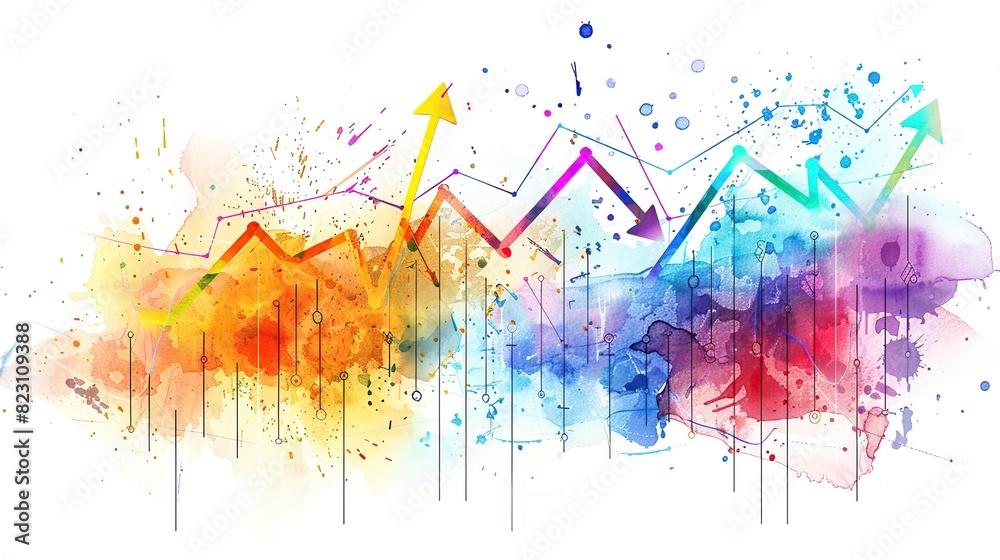 Wall mural hand-painted stock and forex price charts with trend lines and colorful paint splashes on white back - Wall murals