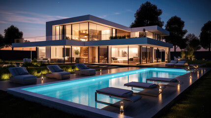 Luxurious Evening Ambiance at Modern Poolside Villa