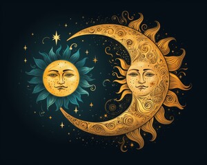 Artistic depiction of celestial elements featuring the sun and moon with faces, surrounded by stars and cosmic motifs on a dark background.