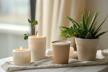 Candles and potted plants on a table with a white cloth